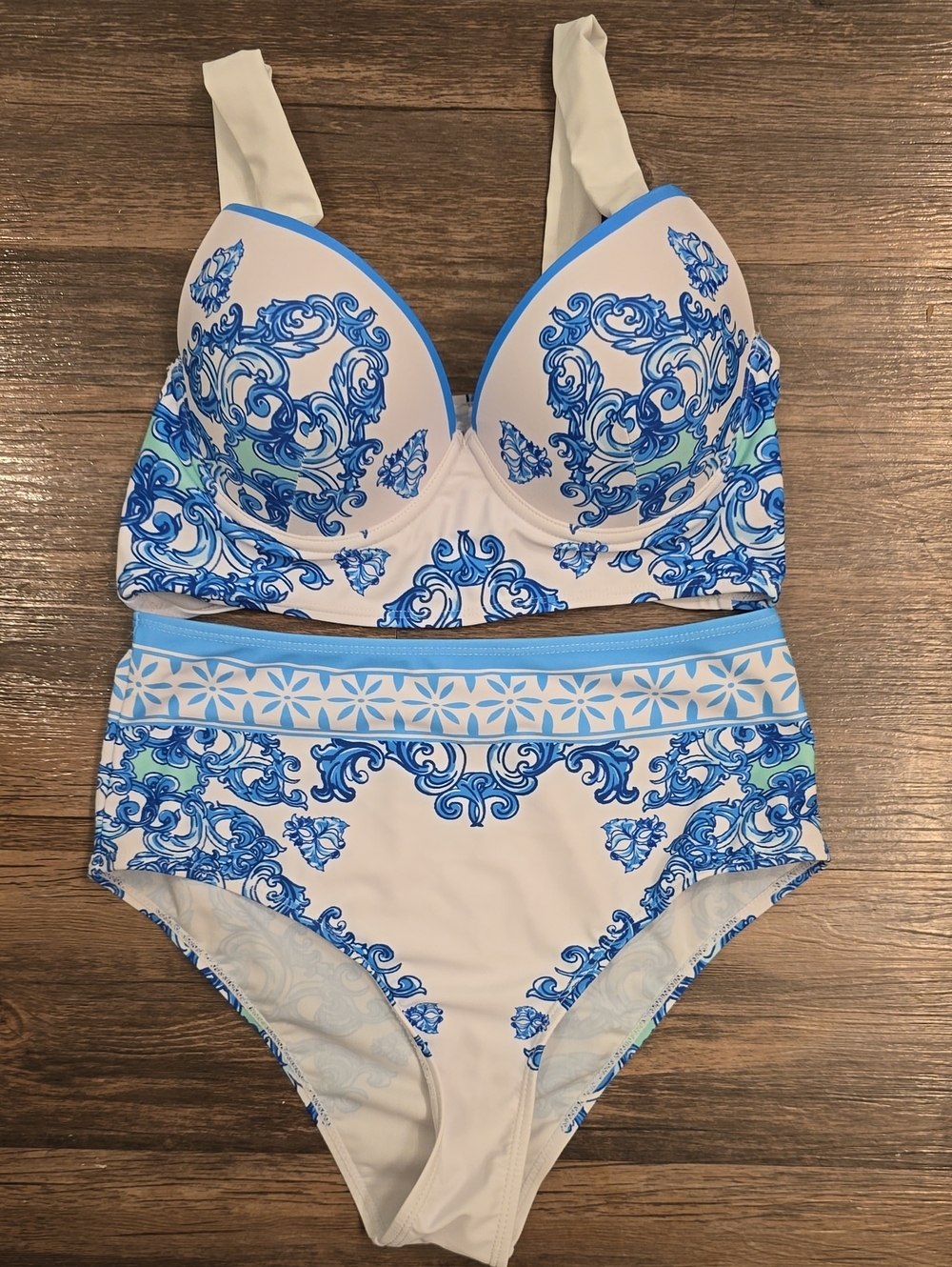SHEIN White & Blue High-Waist Bikini Set